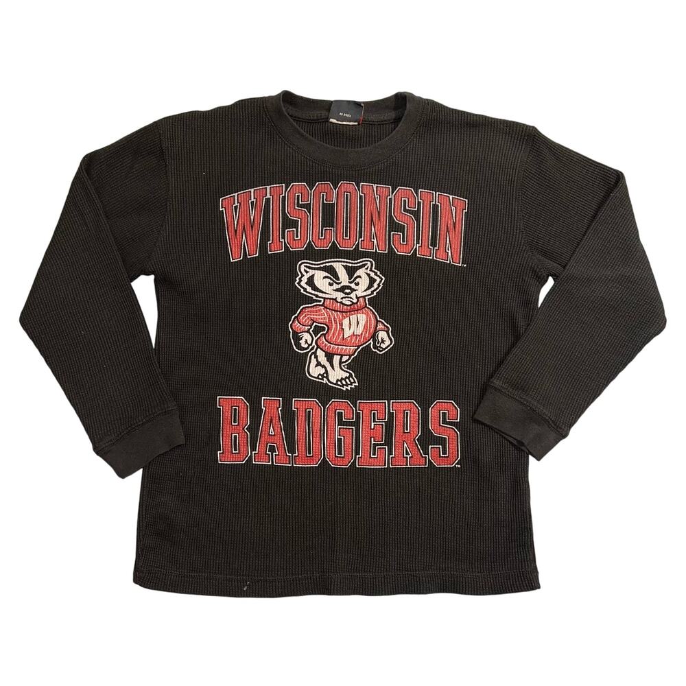 Wisconsin Badgers Boys Waffle Knit Thermal Pullover Shirt Top Long Sleeve Black